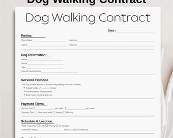 May include: A minimalist dog walking contract template with the title "Dog Walking Contract" in a bold, sans-serif font. The document includes sections for parties, dog information, services, payment terms, schedule, and cancellations.