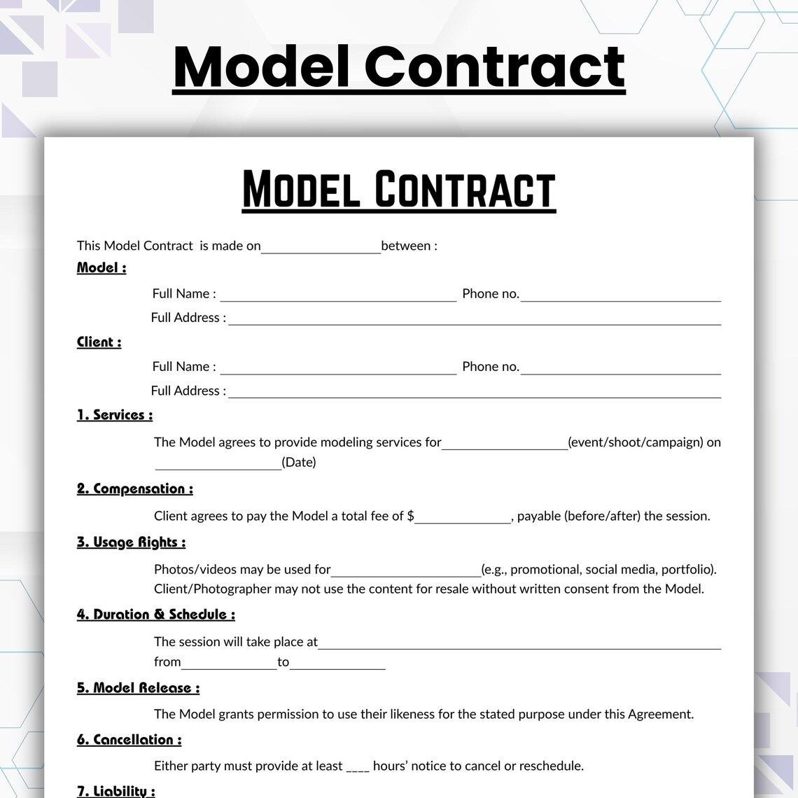 Editable Model Contract, Simple Modeling Services Form Template ...
