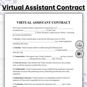 May include: A one-page Virtual Assistant Contract document template with black text on a white background. The form includes sections for services, schedule, compensation, tools, confidentiality, independent contractor status, and termination.