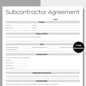 Minimalist Subcontractor Agreement, Simple Job Subcontractor Template, Printable & Editable General Contractor, Subcontractor Contract Form