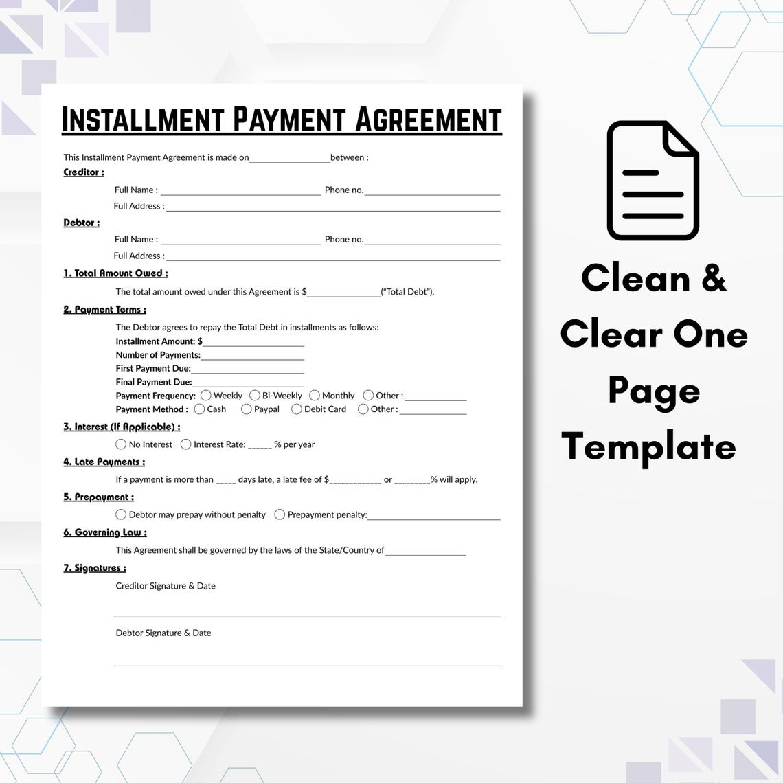 Editable Installment Payment Agreement Template, Single Page Loan ...