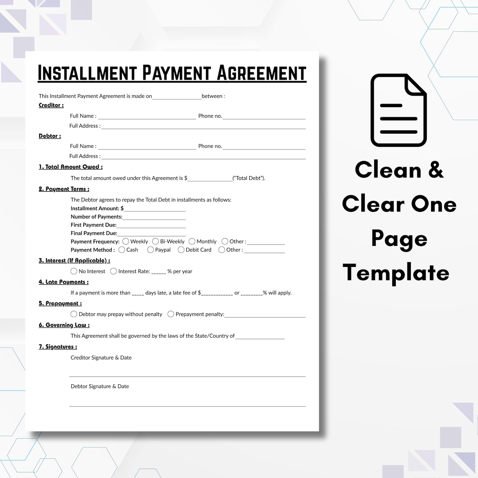 Installment Note Example Editable Installment Payment Agreement Template, Single Page Loan ...