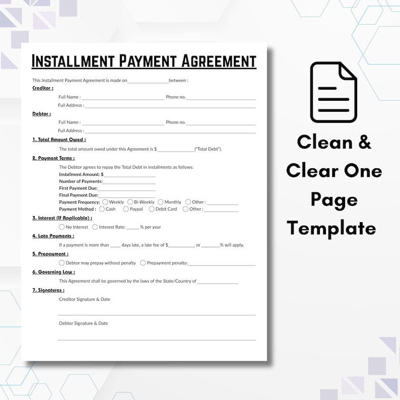 Editable Installment Payment Agreement Template, Single Page Loan ...