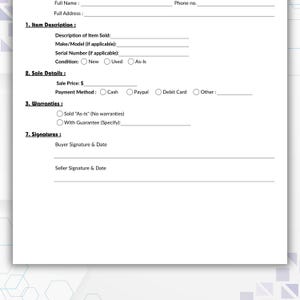 Pu&ograve; includere: Un documento bianco con un bordo a motivi blu e grigi. Il documento include campi per la descrizione dell'articolo, i dettagli di vendita e le firme. Sono presenti caselle di controllo per le condizioni, il metodo di pagamento e le garanzie.