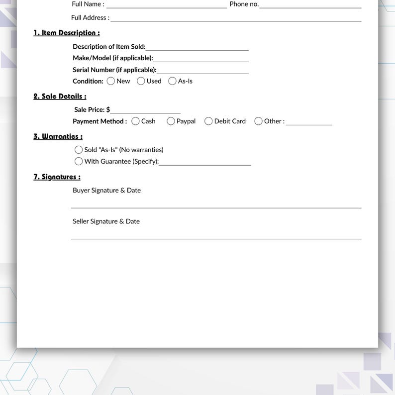 Pu&ograve; includere: Un documento bianco con un bordo a motivi blu e grigi. Il documento include campi per la descrizione dell'articolo, i dettagli di vendita e le firme. Sono presenti caselle di controllo per le condizioni, il metodo di pagamento e le garanzie.
