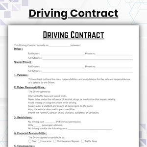 Könnte beinhalten: Ein weißes Driving Contract-Formular mit schwarzem Text. Das Dokument enthält Abschnitte für Fahrer- und Eigentümerinformationen, Verantwortlichkeiten, Einschränkungen und finanzielle Verpflichtungen. Der Titel "Driving Contract" ist deutlich sichtbar.