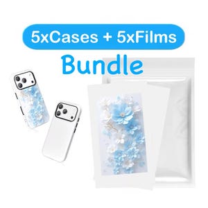 May include: A bundle containing five phone cases and five screen films. The cases feature a light blue and white floral pattern. The text 5xCases + 5xFilms Bundle is displayed in blue at the top of the image, with a white plastic packaging pouch.