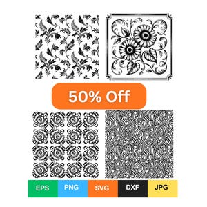 Könnte beinhalten: Vier schwarz-weiße Muster. Oben links ein Farn- und Blättermuster. Oben rechts ein Blumendesign. Unten links ein Wirbelmuster und unten rechts ein Muster aus verschlungenen Linien. Ein orangefarbenes Banner mit der Aufschrift "50% Off".