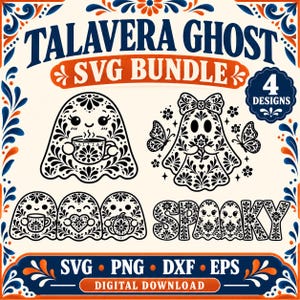 Op de afbeelding: Een digitale grafische set getiteld Talavera Ghost SVG Bundle met vier zwart-witte spookillustraties met bloemmotieven. De ontwerpen bevatten spoken die een mok, een hart en een pompoen vasthouden, plus het woord SPOOKY.