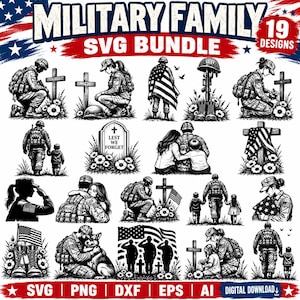 May include: A digital collection of 19 black and white illustrations featuring military themes, including soldiers in uniform, American flags, crosses, tombstones with the text LEST WE FORGET, and family members, presented as a graphic bundle.