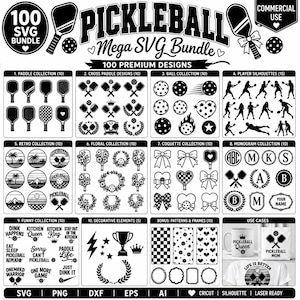 May include: A digital graphic sheet displaying a 100-piece pickleball SVG bundle. The layout features ten categorised sections including paddle designs, player silhouettes, floral patterns, monograms, and funny quotes, with sample applications on a mug and shirt.