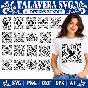 Könnte beinhalten: Ein digitales Set aus 41 Talavera SVG-Designs mit schwarzen Blumen-, Schmetterlings- und Vogelmotiven auf weißem Grund. Ein weißes T-Shirt zeigt eines der schwarzen Vogel- und Blumenmuster auf der Vorderseite. Formate: SVG, PNG, DXF, EPS und AI.