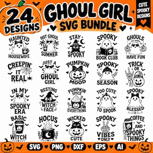 Può includere: Una collezione digitale di 24 disegni grafici in bianco e nero a tema Halloween, con fantasmi, zucche, gatti e scheletri, accompagnati da scritte come Ghoul Girl, Spooky Season e Pumpkin Spice Everything su sfondo arancione.