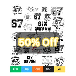 Pacote de camisetas com memes SVG 6 7, 67 designs divertidos para professores e Natal, arquivos de corte PNG Six Seven
