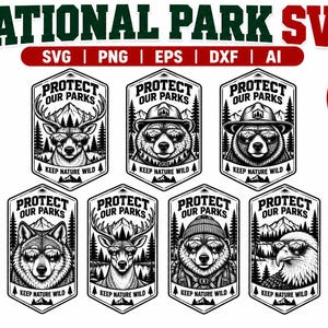 May include: A digital collection of nine black and white graphic designs featuring animals wearing sunglasses, including deer, bears, a wolf, an eagle, and a horse. Each emblem includes the text PROTECT OUR PARKS and KEEP NATURE WILD.