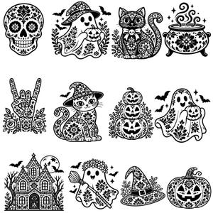 May include: A collection of black and white illustrations featuring Halloween motifs including a floral skull, ghosts with pumpkins, cats, a steaming cauldron, a skeleton hand making a rock sign, stacked jack-o'-lanterns, a haunted house, and a witch hat.