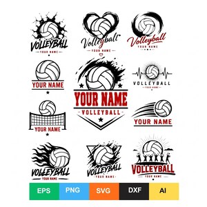 Könnte beinhalten: Eine Sammlung von zwölf schwarz-roten Volleyball-Grafikdesigns mit Volleybällen, Netzen, Herzen, Flammen und Silhouetten mit dem Text Volleyball und Your Name. Die untere Reihe zeigt die Dateiformate EPS, PNG, SVG, DXF und AI.