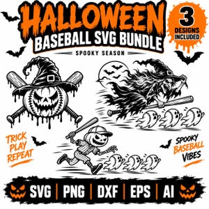 May include: A digital graphic bundle titled HALLOWEEN BASEBALL SVG BUNDLE featuring three black and white illustrations: a jack-o'-lantern baseball with a witch hat, a witch flying on a baseball bat, and a pumpkin-headed baseball player.