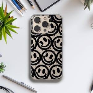 Spray Paint Smiley Face Phone Case, Transparent Emoji Cover for iPhone Plus Pro, Xiaomi Redmi Note, Samsung Galaxy, Huawei, Google Pixel 46