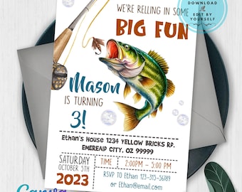 May include: A birthday party invitation featuring a colorful illustration of a largemouth bass with an open mouth. The invitation includes the text "We're Relling in Some Big Fun" and "Mason is turning 3!" with event details.