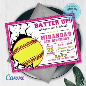 May include: A softball-themed birthday invitation with a pink glitter border. The invitation features the text "Batter Up!" and "Miranda's 9th Birthday." A yellow softball with red stitching is breaking through a white background.