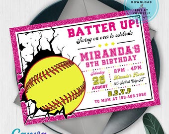 May include: A softball-themed birthday invitation with a pink glitter border. The invitation features the text "Batter Up!" and "Miranda's 9th Birthday." A yellow softball with red stitching is breaking through a white background.
