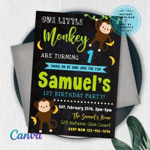 EDITABLE Monkey 1st Birthday Invitation, Monkey Theme Birthday Invitation, Jungle Birthday Invitation, Little Monkey Birthday
