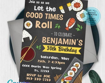 Convite de aniversário editável para festa de sushi, convite para festa de sushi, convites para festa de sushi, convite japonês, modelo do Canva, rolinho de sushi