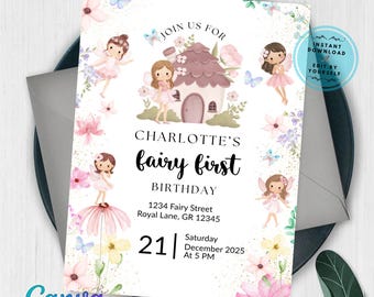 Fairy First Birthday Invitation,Whimsical Pink Butterfly Enchanted Garden Theme,Editable  Fairy 1st Birthday Party Invite, Garden Fairy Bday
