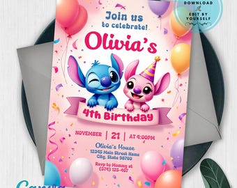 Editable Stitch and Angel Birthday Invitation, Stitch Birthday Invitation, Digital Party Invite, Stitch Birthday Party Invitation Printable