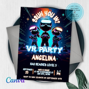 Può includere: Un invito a una festa VR con tre personaggi dei cartoni animati che indossano visori VR e tengono in mano dei controller. L'invito include il testo "Bruh You In?" e "VR Party Angelina". Ulteriori dettagli includono data, ora e luogo.