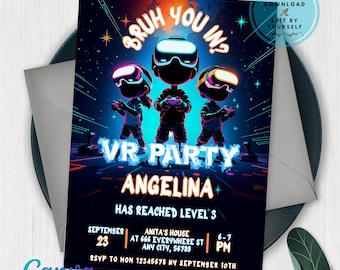 May include: A VR party invitation featuring three cartoon figures wearing VR headsets and holding controllers. The invitation includes the text "Bruh You In?" and "VR Party Angelina". Additional details include the date, time, and location.