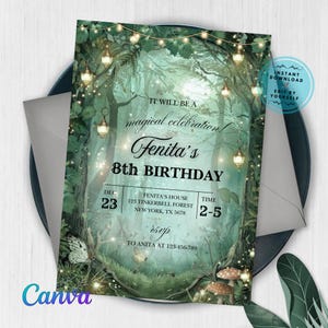 Förtrollad skogsfödelsedagsfest, inbjudan till förtrollad trädgård, skogsälvträdgård, inbjudan till magisk trädgård för skogsmark, magisk flickfest