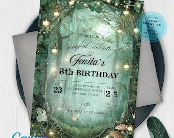 May include: A birthday invitation with a forest theme. The invitation reads "It will be a magical celebration! Fenita's 8th Birthday." The design includes a forest scene with glowing lights and the text "Instant Download, Edit by Yourself."