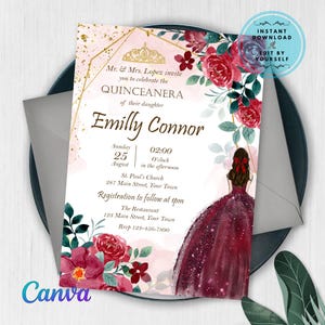 Bearbeitbare Quinceamaßa-Einladung, rote und goldene Quinceanera-Einladung, florale Mis Quince Anos, druckbarer digitaler Download, Canva-Vorlage