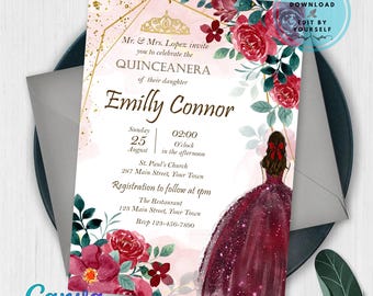 Editable Quinceañera Invitation, Red and Gold Quinceanera Invitation, Floral Mis Quince Anos, Printable Digital Download, Canva Template
