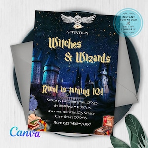 Faire-part d&#39;anniversaire Wizards sorcières modifiable, faire-part d&#39;anniversaire magique imprimable, modèle d&#39;invitation d&#39;anniversaire Wizards sorcières