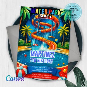 Water Park Birthday Invitation: Waterslide Pool Party, Editable Canva Template (5x7 inches, Digital Download)
