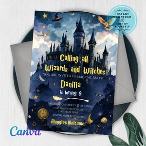 Faire-part d&#39;anniversaire modifiable sorciers sorcières, modèle d&#39;invitation d&#39;anniversaire magique, imprimable sorcellerie château d&#39;anniversaire fête d&#39;anniversaire