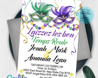 May include: Mardi Gras invitation with watercolor masks in green and purple, adorned with feathers and beads. The invitation includes the text "Laizzez les bon Temps Roule" and event details for Jonah, Mark, and Amanda Lean.