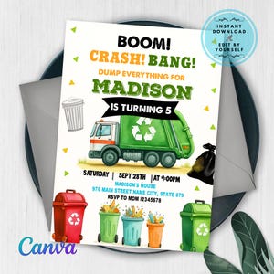 Garbage Truck Birthday Invitation Template: Trash Bash Party (5x7 inches, Canva Editable, Digital Download)