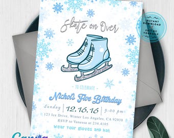 May include: A light blue invitation with the text "Skate on Over" and "Nichol's Five Birthday". The invitation features illustrations of ice skates and snowflakes, with the text "Wear your gloves and hat".