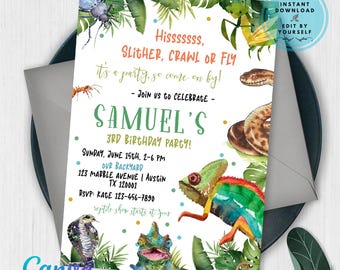 May include: A reptile-themed birthday party invitation with watercolor illustrations of a snake, chameleon, and other creatures. The invitation includes the text "Hisssssss, Slither, Crawl or Fly" and details for Samuel's 3rd birthday party.