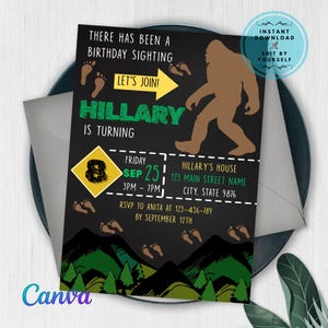 Bigfoot Sasquatch Birthday Invitation, Bigfoot Birthday Party Invitation, Sasquatch Birthday Kids ANY AGE Big Foot Editable Invitation Canva