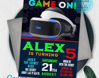 Invitación de cumpleaños de VR: Fiesta de videojuegos, plantilla editable de Canva