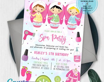 Spa Party Invitation: Editable Canva Template, Glam Birthday Invite (5x7 inches)
