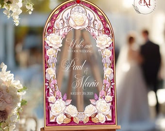 Burgundy Rose Wedding Welcome Sign: Stained Glass Style Acrylic or Satin