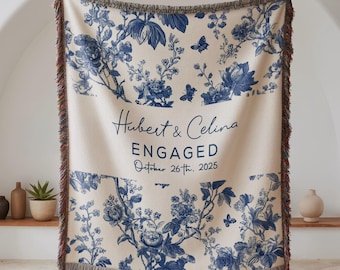 Custom Engagement Blanket, Blue Toile de Jouy, Personalized Wedding Gift