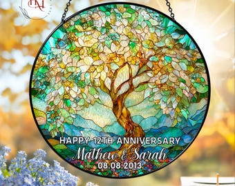 Personalized 12th Anniversary Suncatcher: Silk Linen Stained Glass Tree