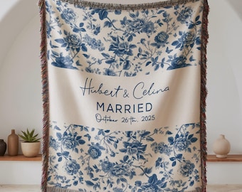 Custom Wedding Blanket, Blue Toile de Jouy Floral Tapestry Throw